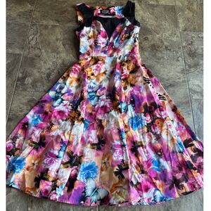 Retro Pinup 50s Style Punk Alt Hearts & Roses  Floral Butterfly Flare Dress Sz 4